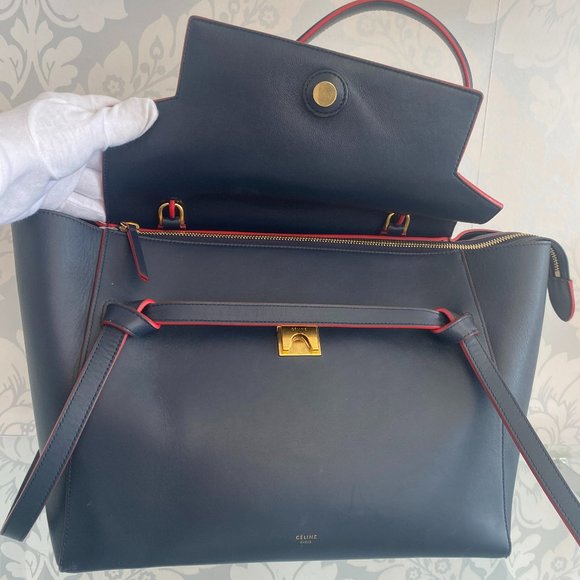 CELINE PARIS Navy / Red Trimmed Leather Bag/Satchel w/ Flap & Strap Detail - Picture 7 of 9